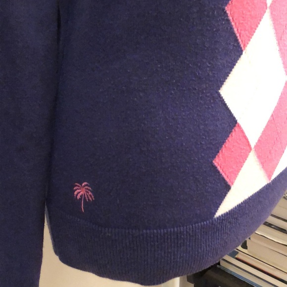 Lilly Pulitzer V-Neck Argyle Sweater Top Long-Sleeve Blue/White/Pink Shirt - Picture 4 of 12